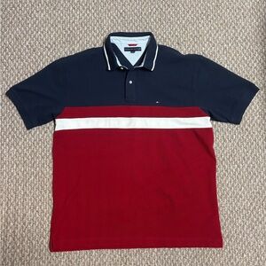 Tommy Hilfiger 90s Style Business Casual Men's Navy and Red Polo Shirt